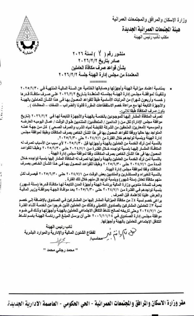 صرف مكافأة 45 شهرا للعاملين بهيئة المجتمعات العمرانية وأجهزتها